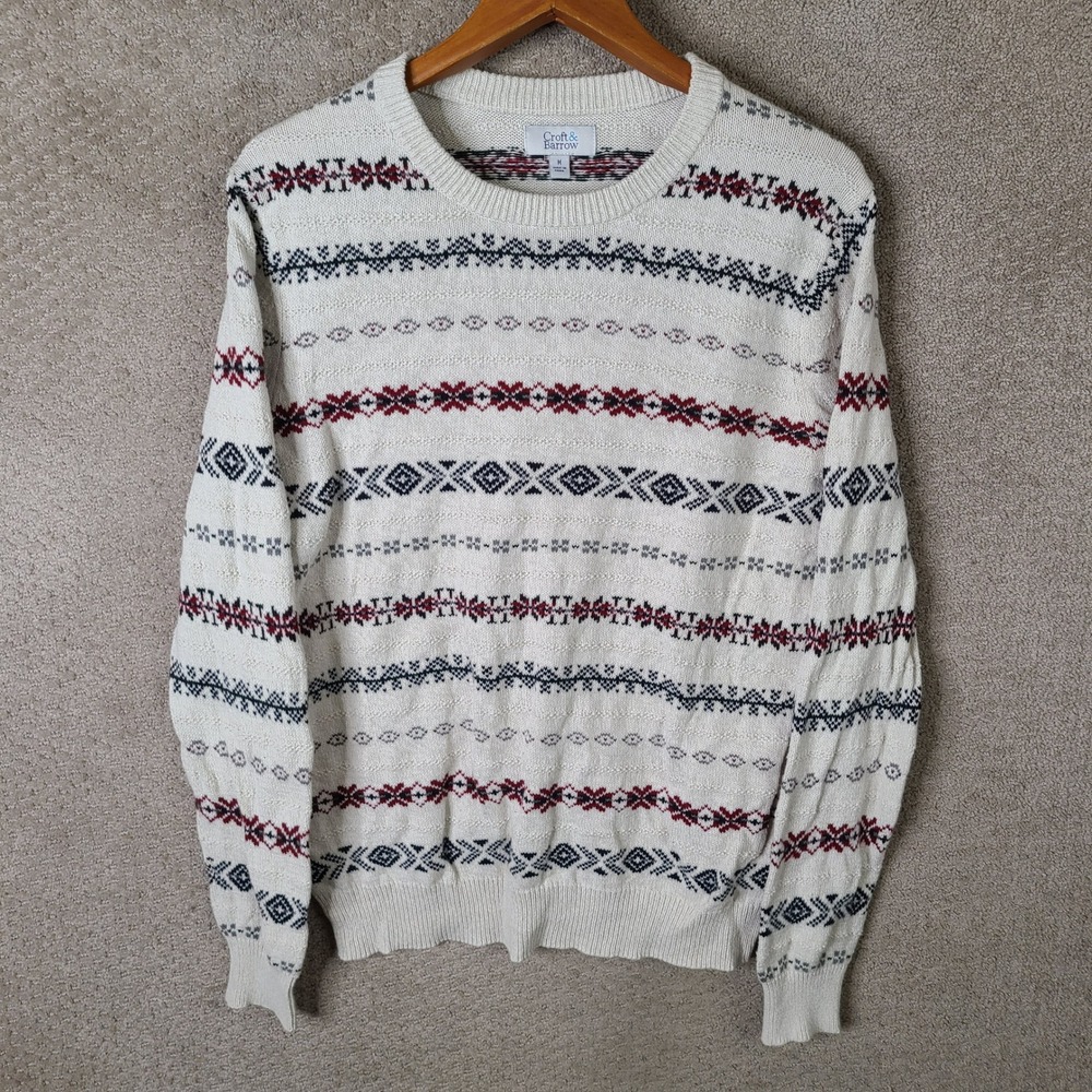 Croft & Barrow Sweater‎ Mens Medium White Red Green Fair Isle Crew Neck Cotton